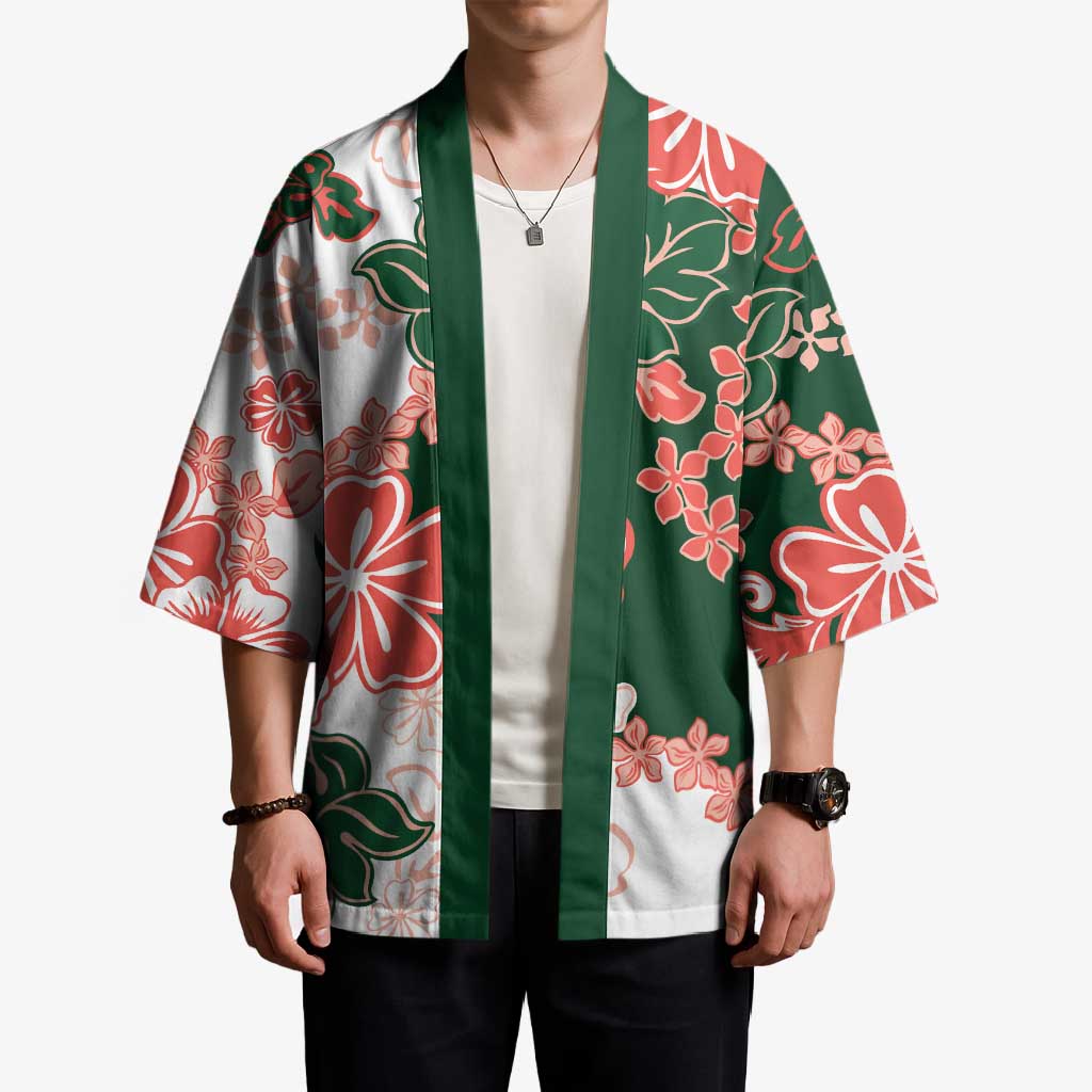 Green Orange Hibiscus Plumeria Floral Kimono - Polynesian Pride