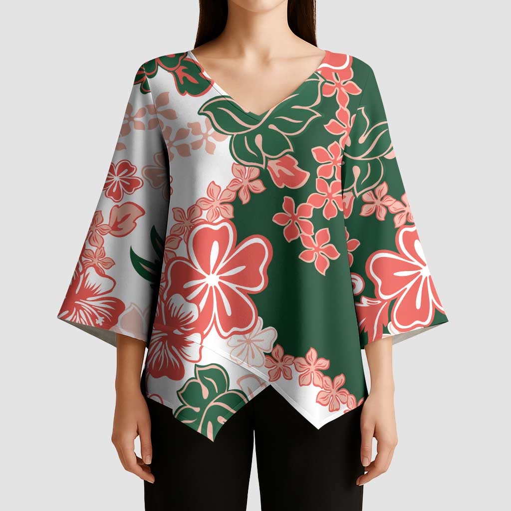 Green Orange Hibiscus Plumeria Floral Kimono Sleeve Blouse - Polynesian Pride