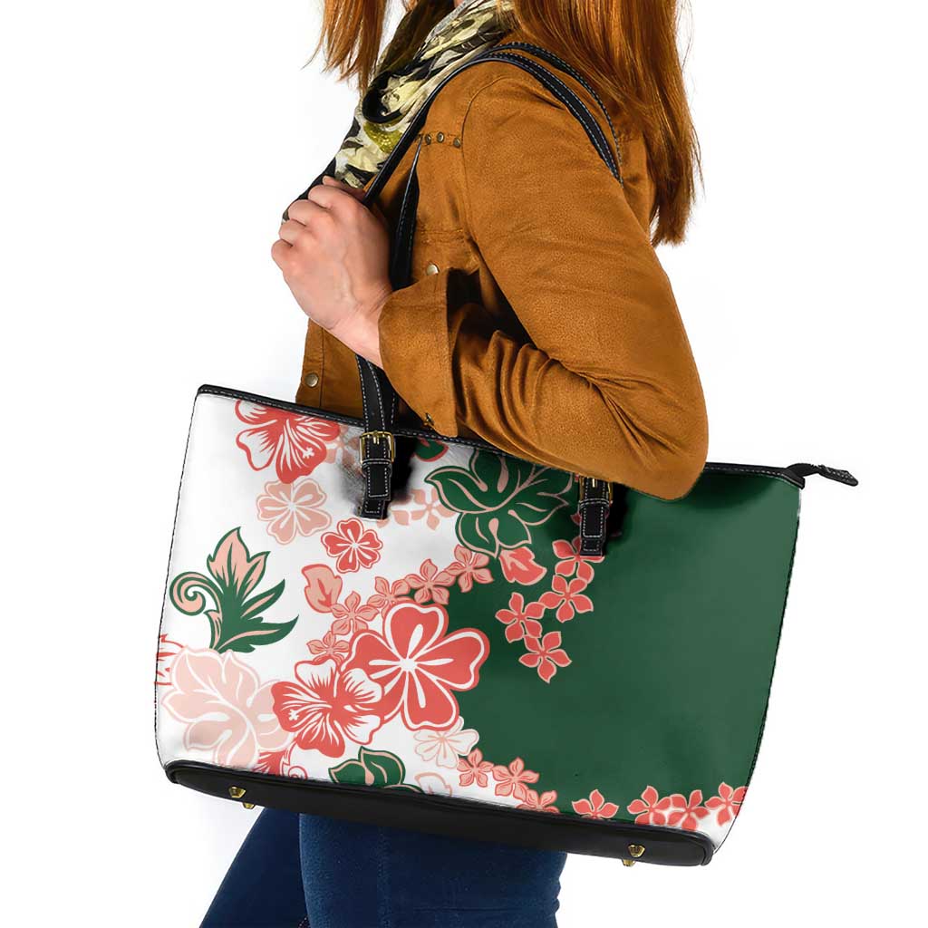 Green Orange Hibiscus Plumeria Floral Leather Tote Bag LT01 Orange - Polynesian Pride