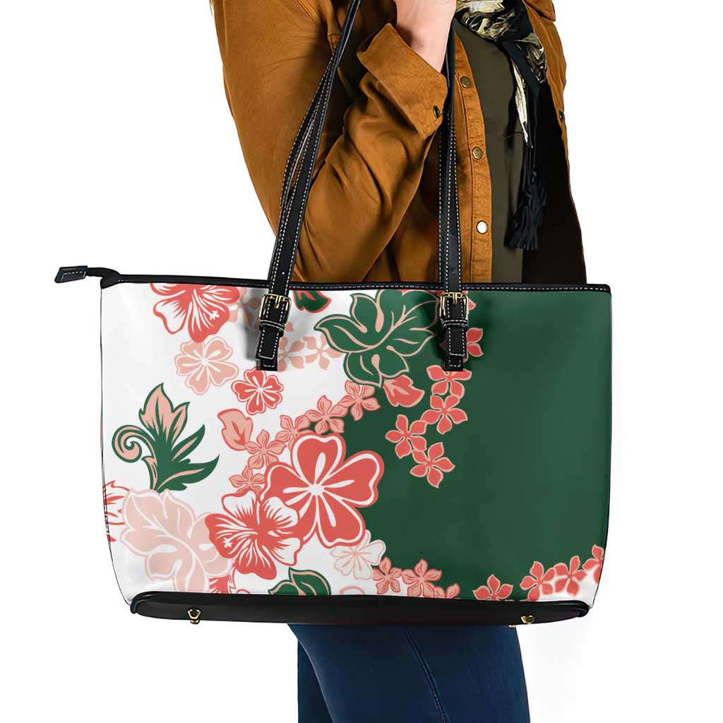 Green Orange Hibiscus Plumeria Floral Leather Tote Bag LT01 - Polynesian Pride