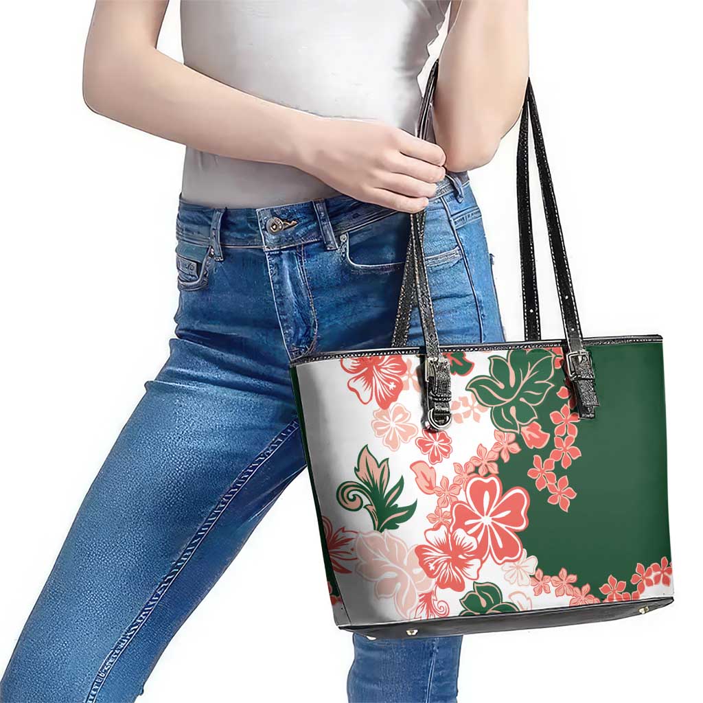 Green Orange Hibiscus Plumeria Floral Leather Tote Bag LT01 - Polynesian Pride
