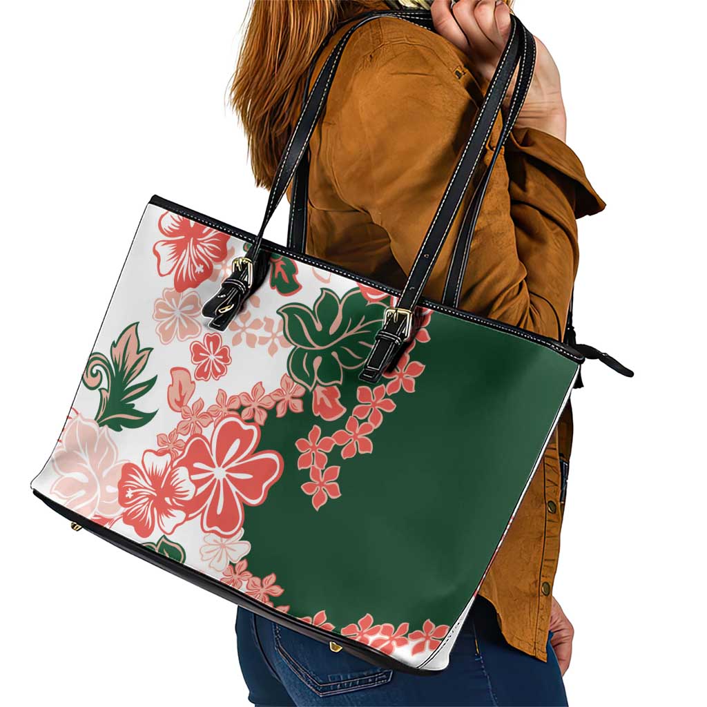 Green Orange Hibiscus Plumeria Floral Leather Tote Bag LT01 - Polynesian Pride