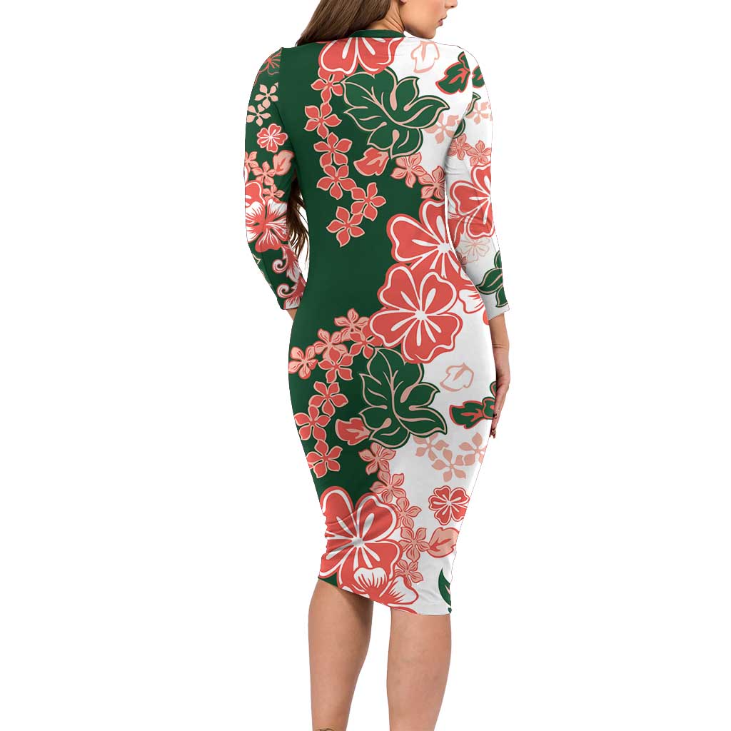 Green Orange Hibiscus Plumeria Floral Long Sleeve Bodycon Dress - Polynesian Pride