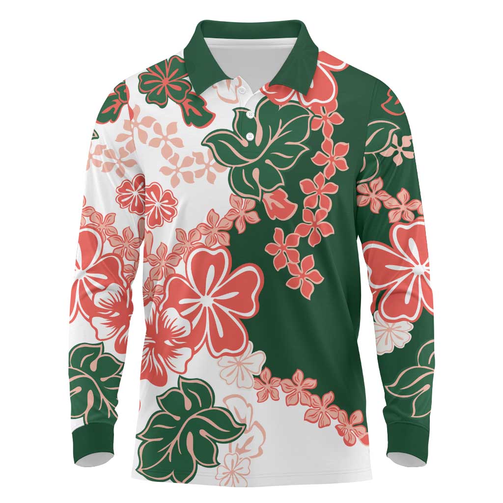 Green Orange Hibiscus Plumeria Floral Long Sleeve Polo Shirt - Polynesian Pride