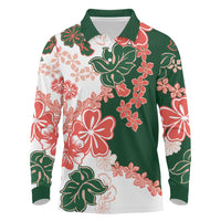 Green Orange Hibiscus Plumeria Floral Long Sleeve Polo Shirt LT01 Orange - Polynesian Pride