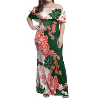Green Orange Hibiscus Plumeria Floral Off Shoulder Maxi Dress - Polynesian Pride