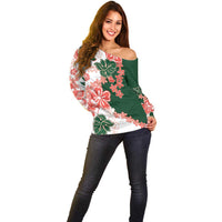 Green Orange Hibiscus Plumeria Floral Off Shoulder Sweater - Polynesian Pride