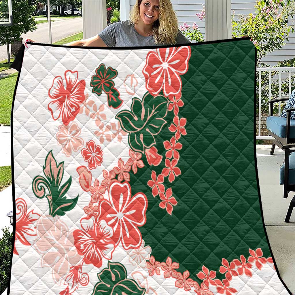 Green Orange Hibiscus Plumeria Floral Quilt LT01 Orange - Polynesian Pride