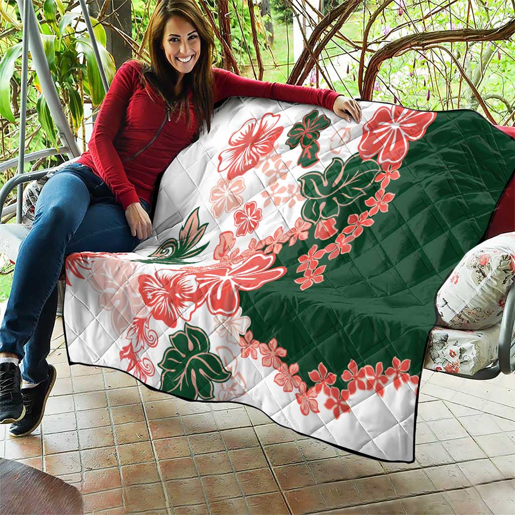 Green Orange Hibiscus Plumeria Floral Quilt - Polynesian Pride