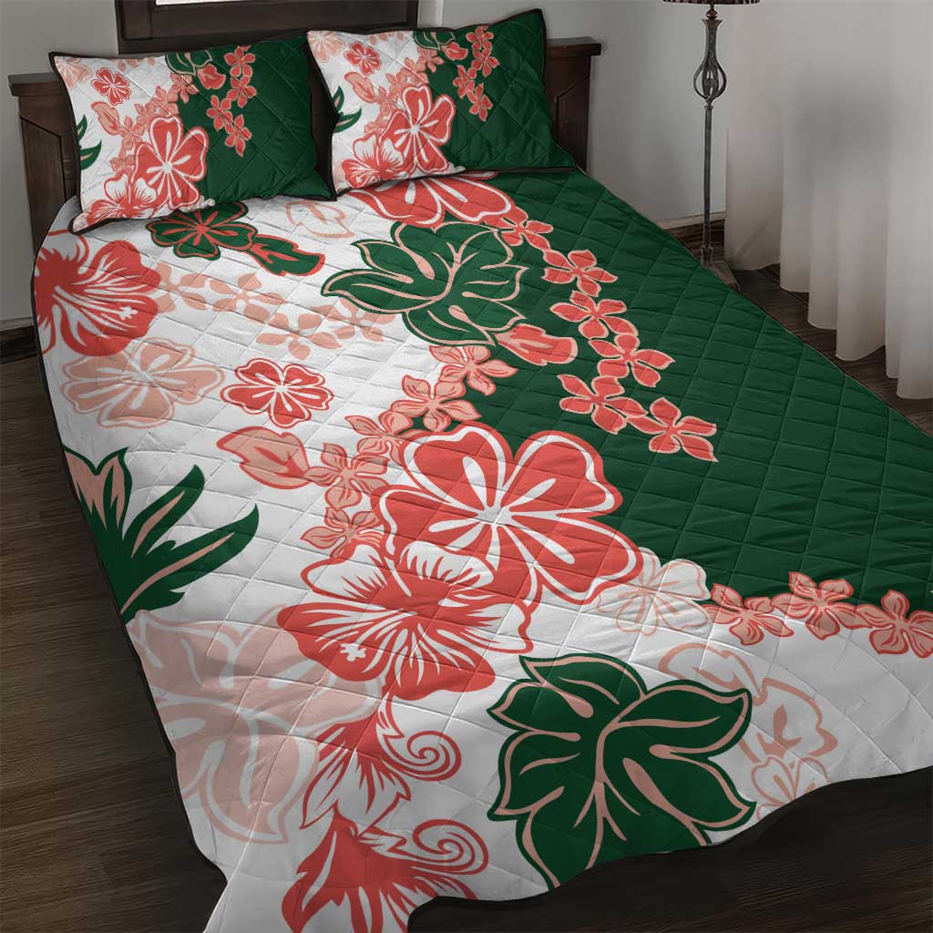 Green Orange Hibiscus Plumeria Floral Quilt Bed Set LT01 Orange - Polynesian Pride
