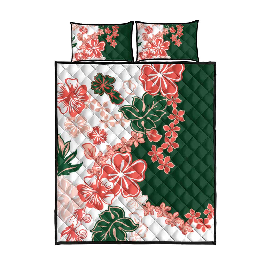 Green Orange Hibiscus Plumeria Floral Quilt Bed Set - Polynesian Pride