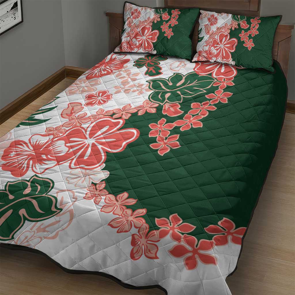 Green Orange Hibiscus Plumeria Floral Quilt Bed Set - Polynesian Pride
