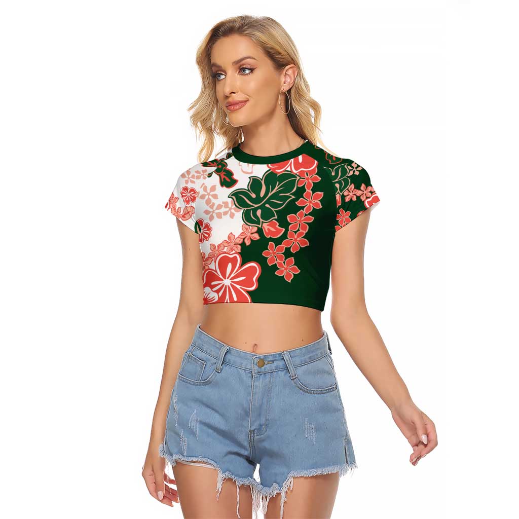 Green Orange Hibiscus Plumeria Floral Raglan Cropped T Shirt LT01 Female Orange - Polynesian Pride