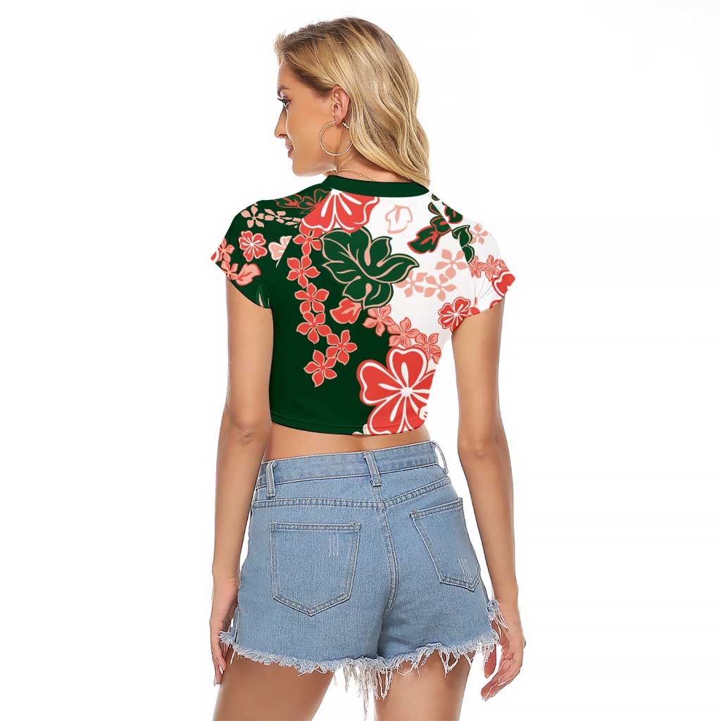 Green Orange Hibiscus Plumeria Floral Raglan Cropped T Shirt - Polynesian Pride