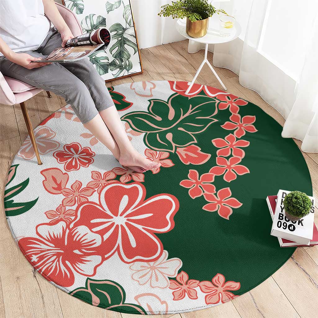 Green Orange Hibiscus Plumeria Floral Round Carpet - Polynesian Pride