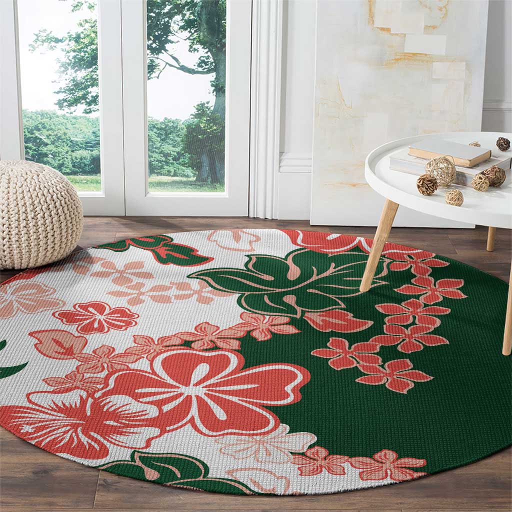 Green Orange Hibiscus Plumeria Floral Round Carpet - Polynesian Pride