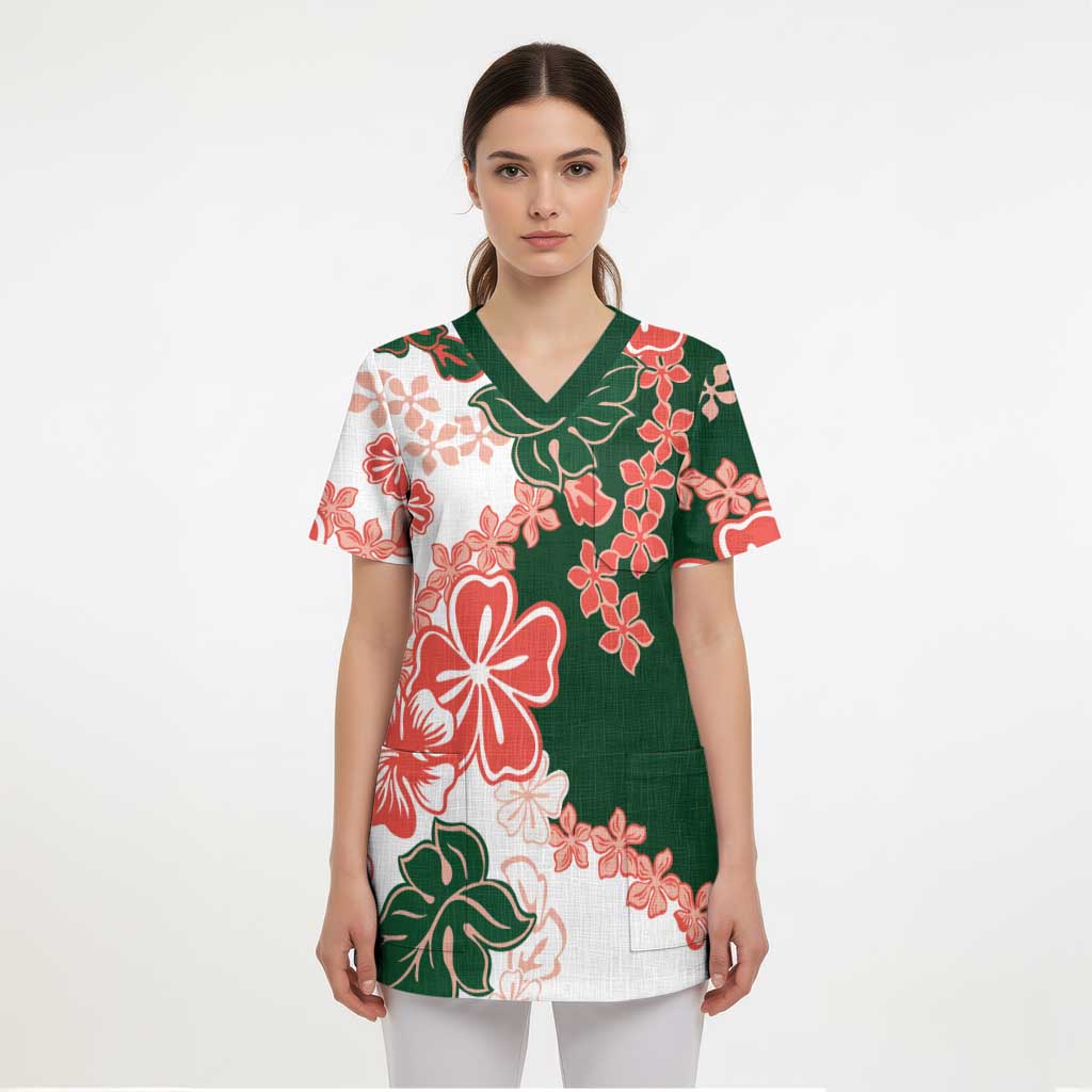 Green Orange Hibiscus Plumeria Floral Scrub Top - Polynesian Pride