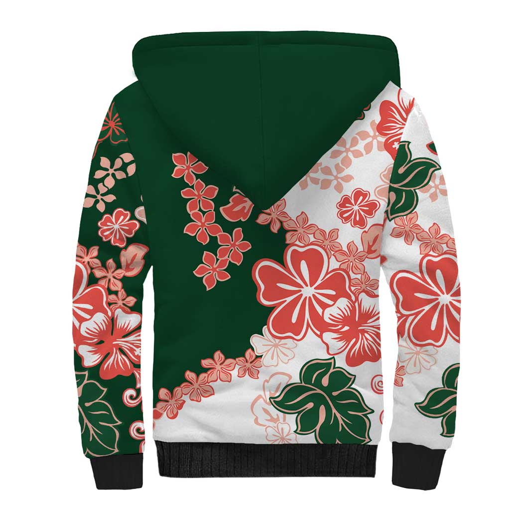 Green Orange Hibiscus Plumeria Floral Sherpa Hoodie - Polynesian Pride