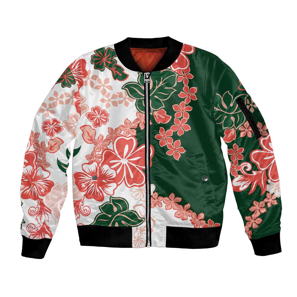 Green Orange Hibiscus Plumeria Floral Sleeve Zip Bomber Jacket - Polynesian Pride