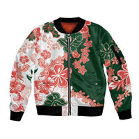 Green Orange Hibiscus Plumeria Floral Sleeve Zip Bomber Jacket - Polynesian Pride