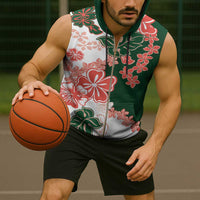 Green Orange Hibiscus Plumeria Floral Sleeveless Zip Hoodie - Polynesian Pride