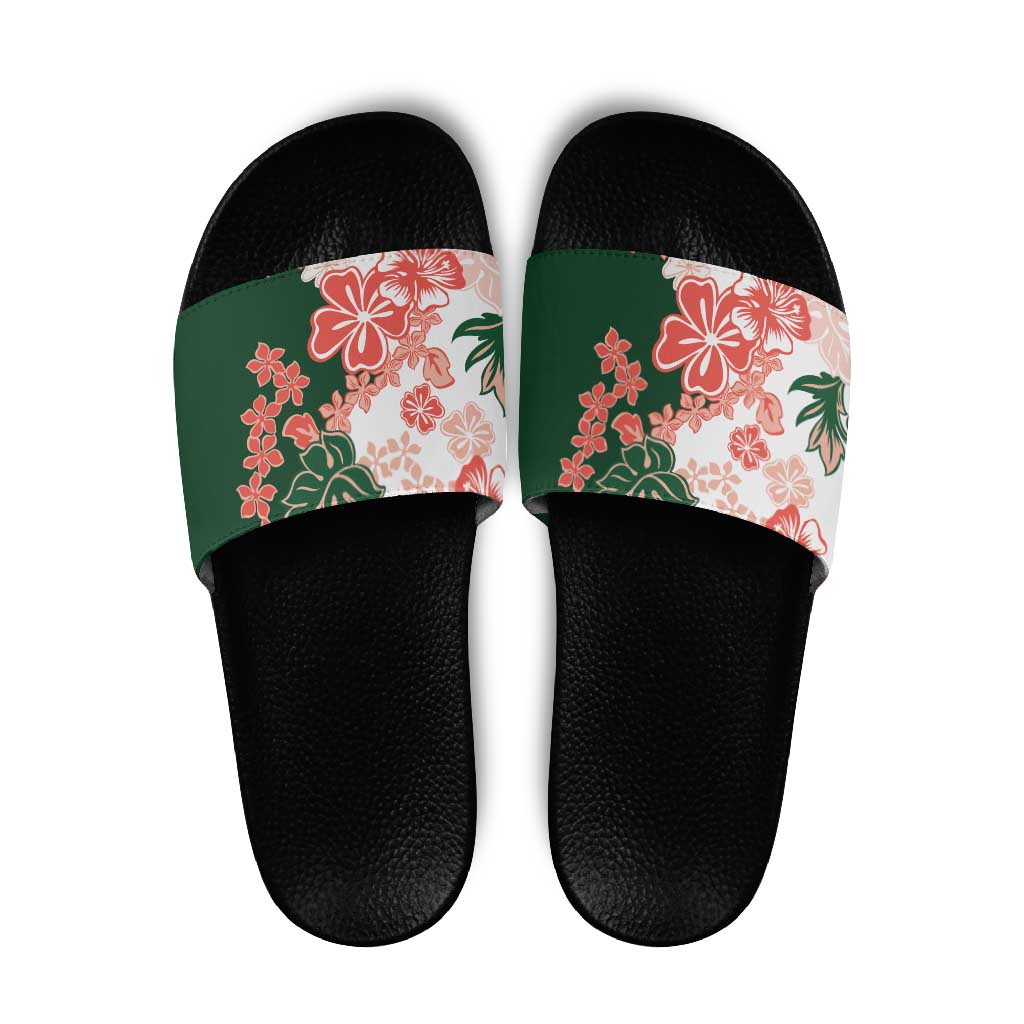 Green Orange Hibiscus Plumeria Floral Slide Sandals - Polynesian Pride