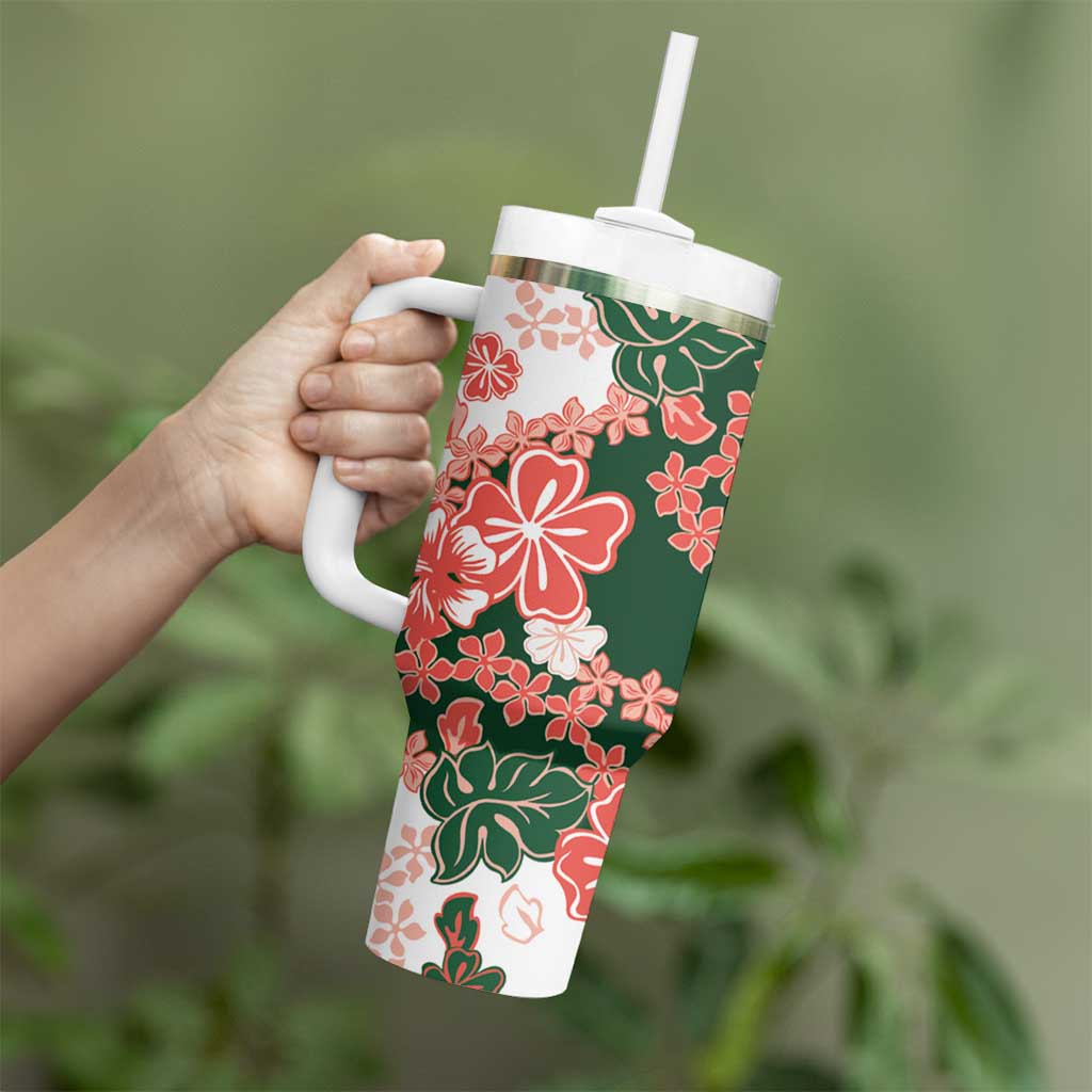 Green Orange Hibiscus Plumeria Floral Tumbler With Handle - Polynesian Pride