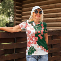 Green Orange Hibiscus Plumeria Floral Women Polo Shirt - Polynesian Pride