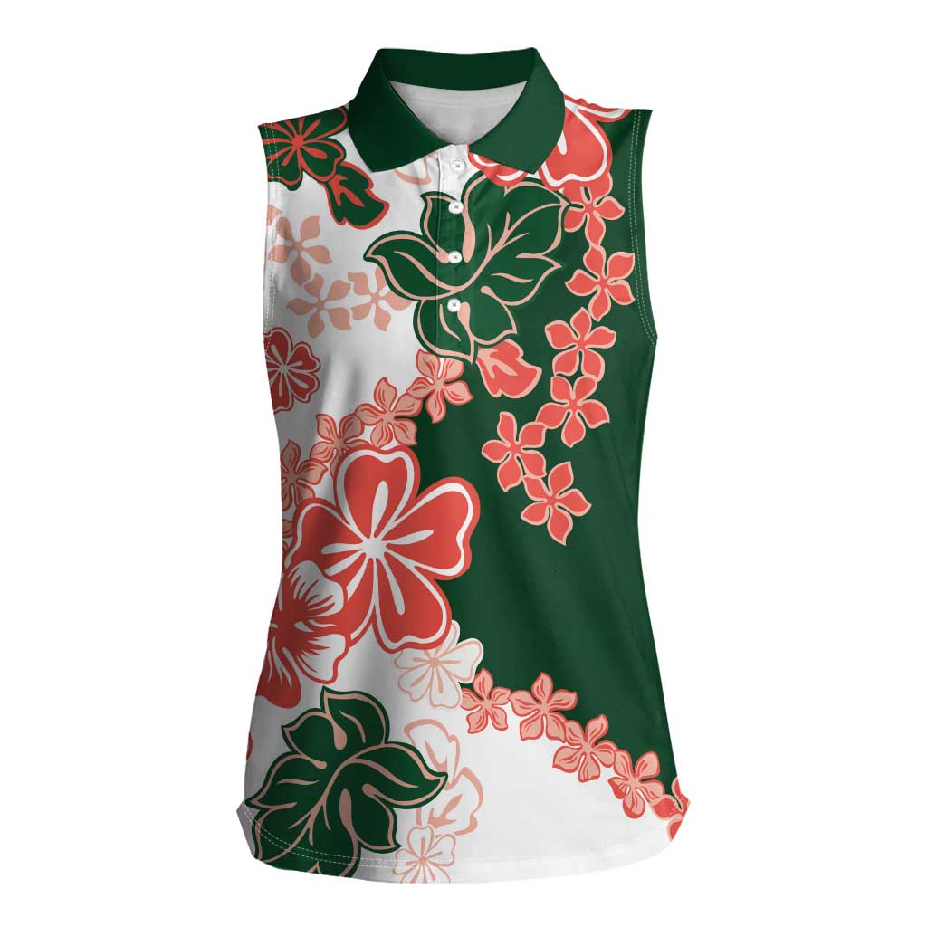 Green Orange Hibiscus Plumeria Floral Women Sleeveless Polo Shirt - Polynesian Pride