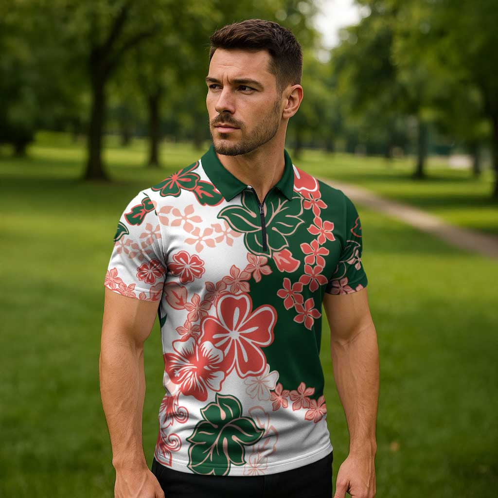 Green Orange Hibiscus Plumeria Floral Zipper Polo Shirt LT01 - Polynesian Pride