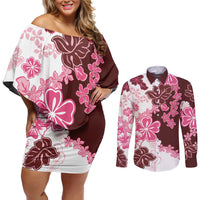 Pink Hibiscus Plumeria Floral Couples Matching Off Shoulder Short Dress and Long Sleeve Button Shirt - Polynesian Pride