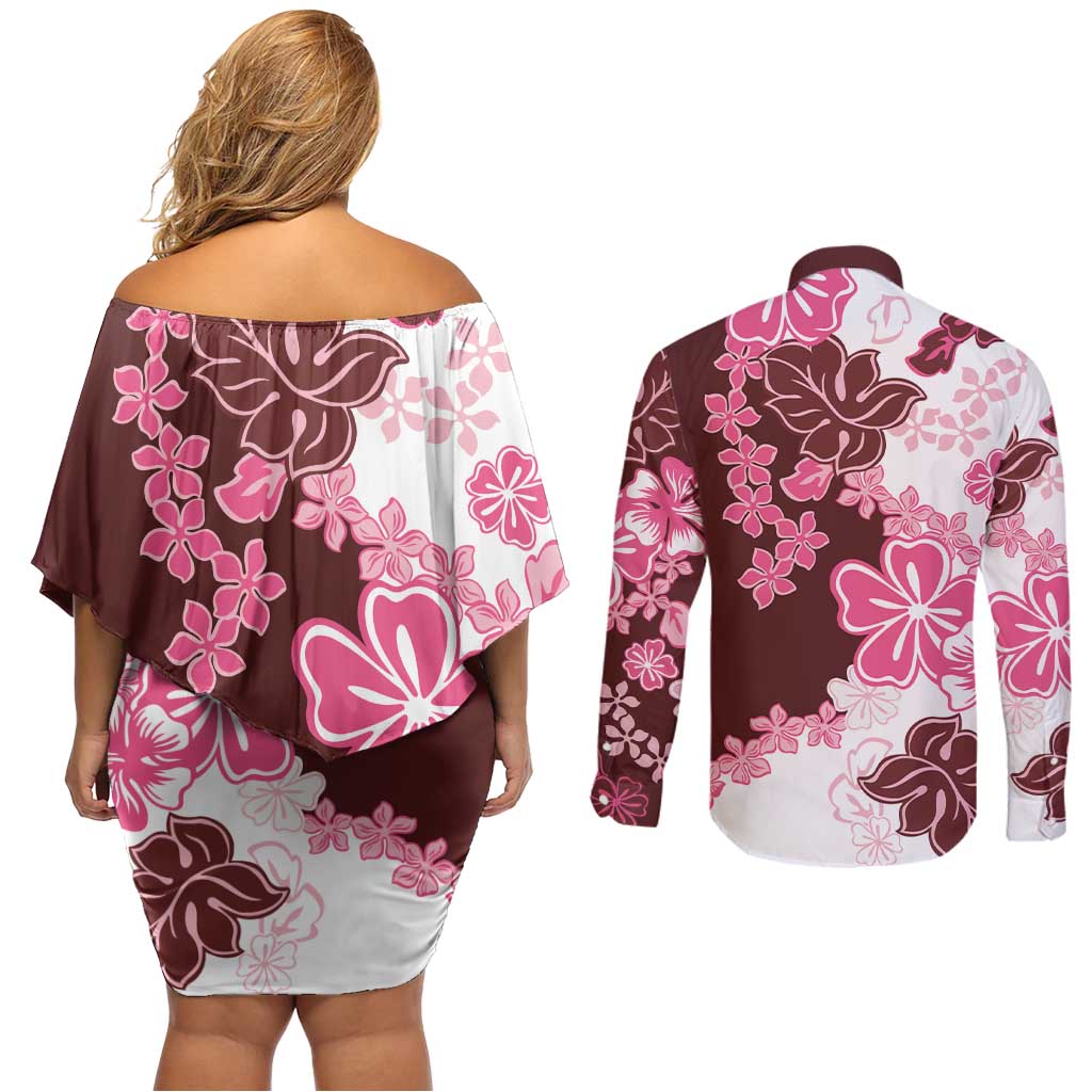 Pink Hibiscus Plumeria Floral Couples Matching Off Shoulder Short Dress and Long Sleeve Button Shirt - Polynesian Pride