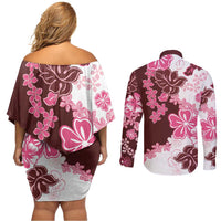 Pink Hibiscus Plumeria Floral Couples Matching Off Shoulder Short Dress and Long Sleeve Button Shirt - Polynesian Pride