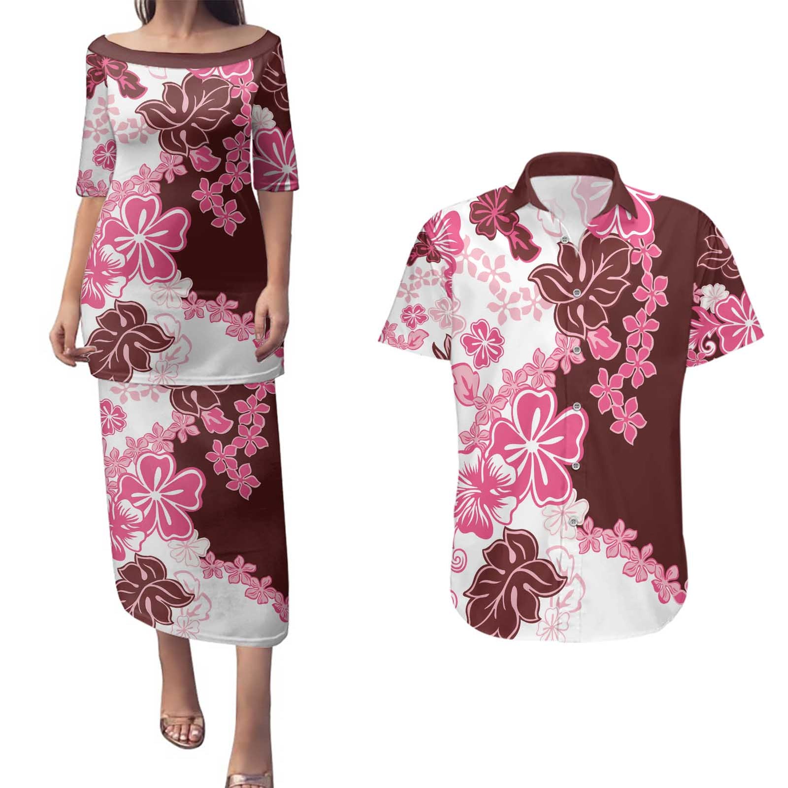 Pink Hibiscus Plumeria Floral Couples Matching Puletasi and Hawaiian Shirt LT01 Pink - Polynesian Pride