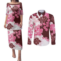 Pink Hibiscus Plumeria Floral Couples Matching Puletasi and Long Sleeve Button Shirt LT01 Pink - Polynesian Pride