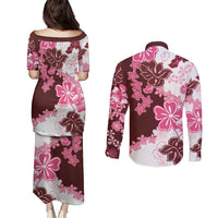 Pink Hibiscus Plumeria Floral Couples Matching Puletasi and Long Sleeve Button Shirt LT01 - Polynesian Pride