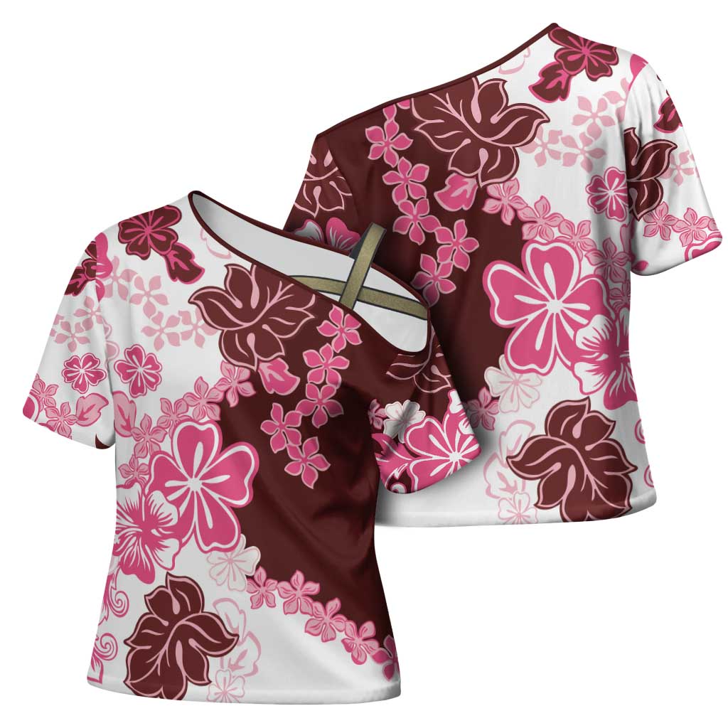 Pink Hibiscus Plumeria Floral Cross Shoulder Shirt - Polynesian Pride