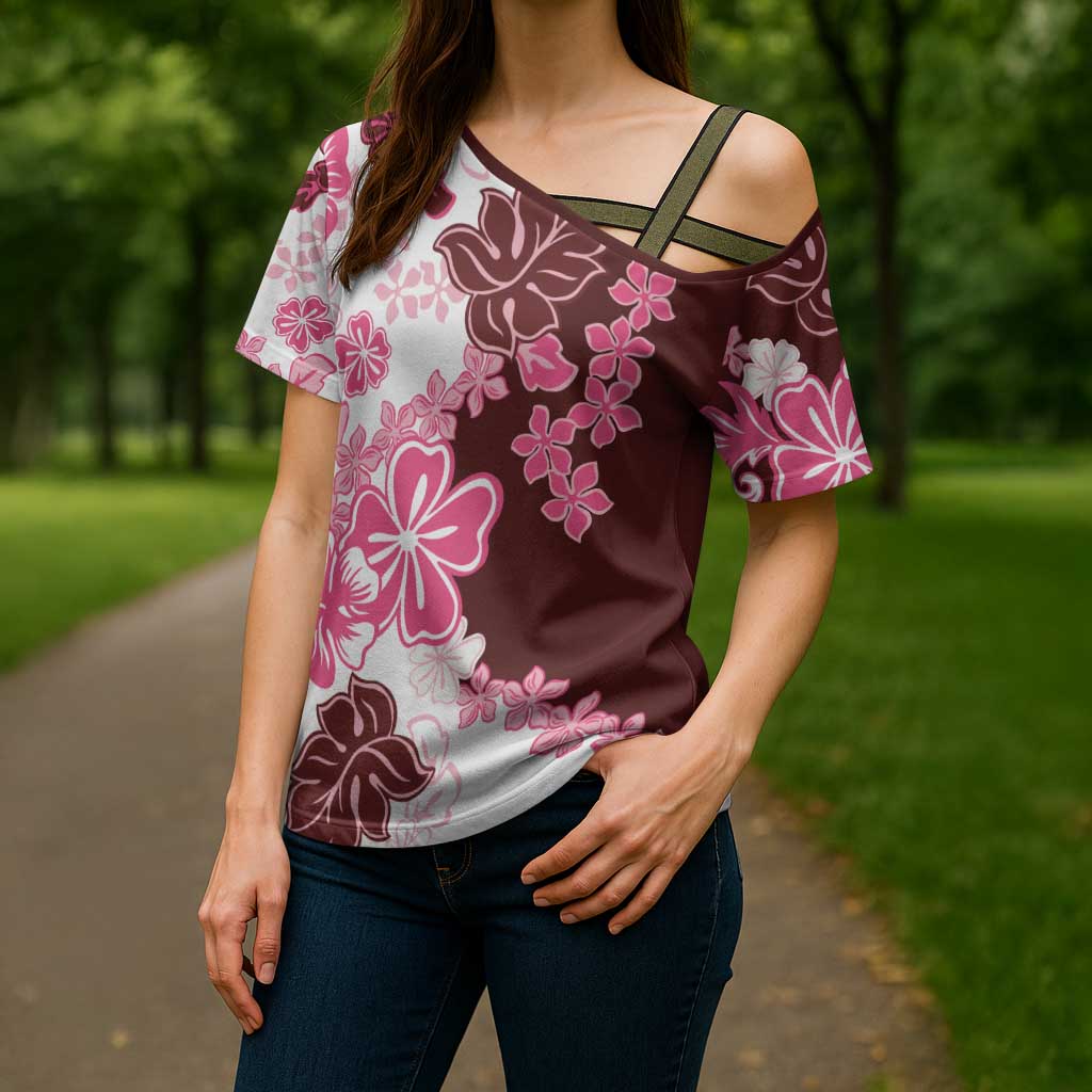 Pink Hibiscus Plumeria Floral Cross Shoulder Shirt - Polynesian Pride