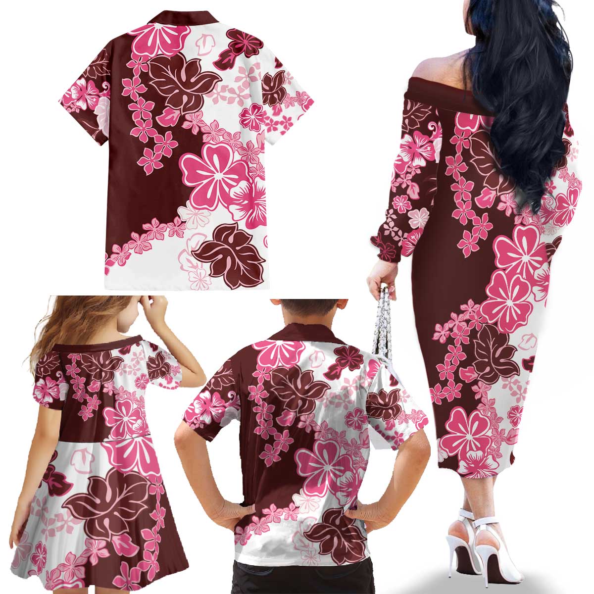 Pink Hibiscus Plumeria Floral Family Matching Off The Shoulder Long Sleeve Dress and Hawaiian Shirt - Polynesian Pride
