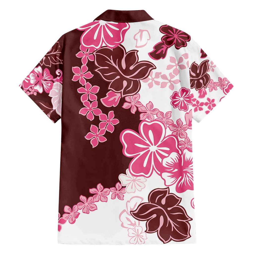 Pink Hibiscus Plumeria Floral Family Matching Off Shoulder Short Dress and Hawaiian Shirt - Polynesian Pride