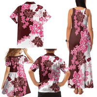 Pink Hibiscus Plumeria Floral Family Matching Tank Maxi Dress and Hawaiian Shirt - Polynesian Pride