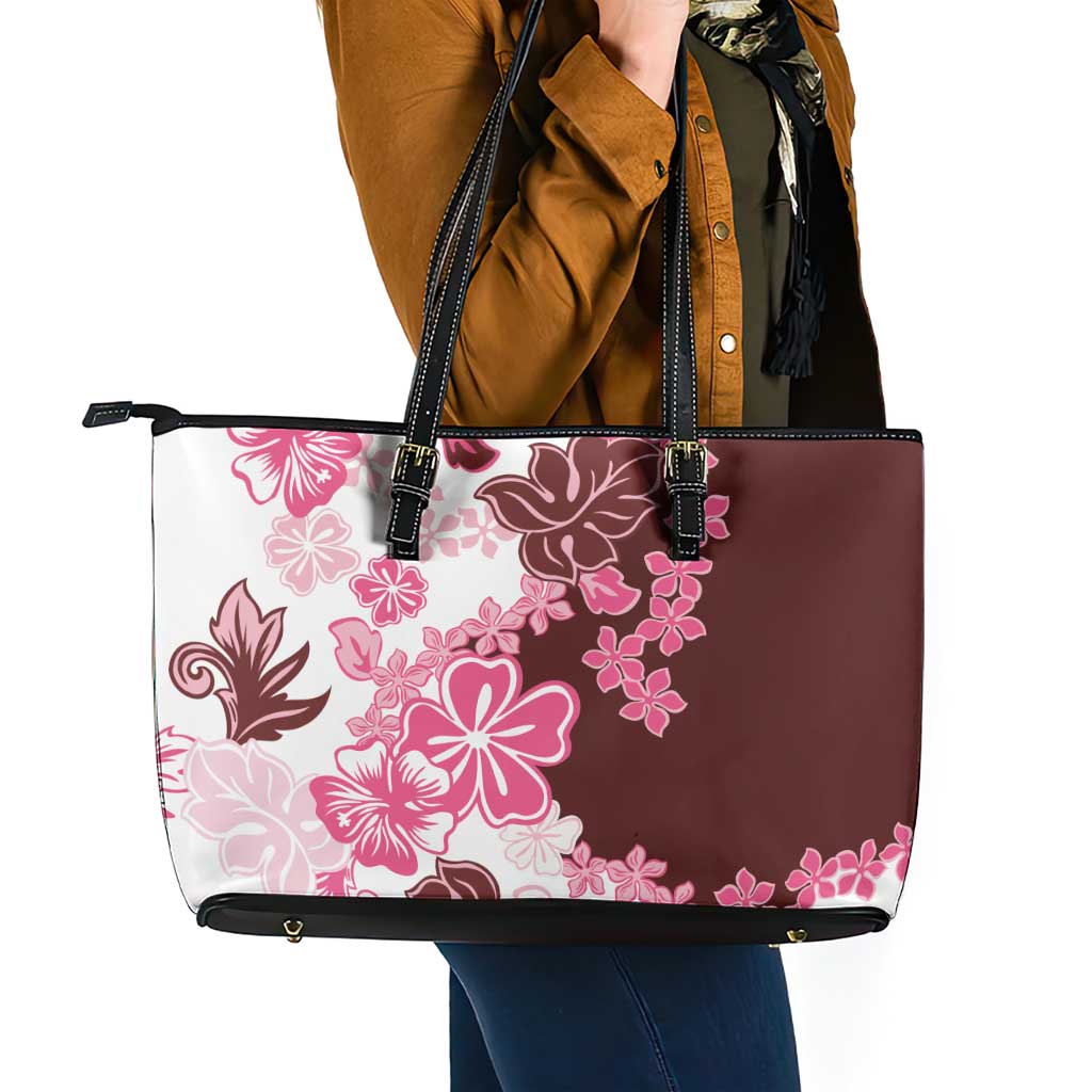 Pink Hibiscus Plumeria Floral Leather Tote Bag LT01 - Polynesian Pride