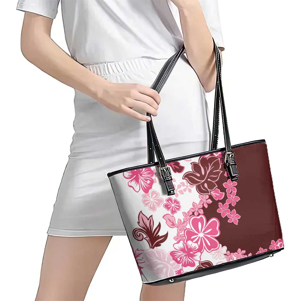 Pink Hibiscus Plumeria Floral Leather Tote Bag LT01 - Polynesian Pride