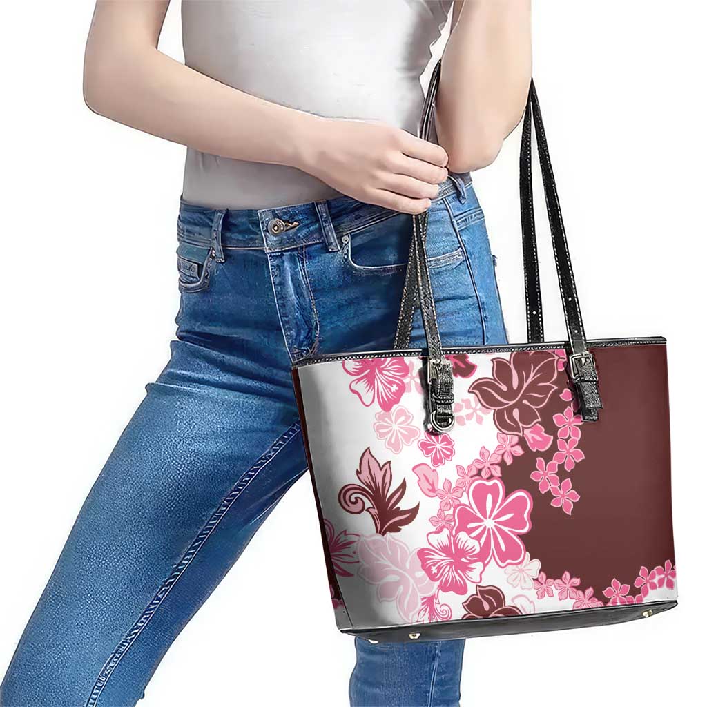 Pink Hibiscus Plumeria Floral Leather Tote Bag LT01 - Polynesian Pride