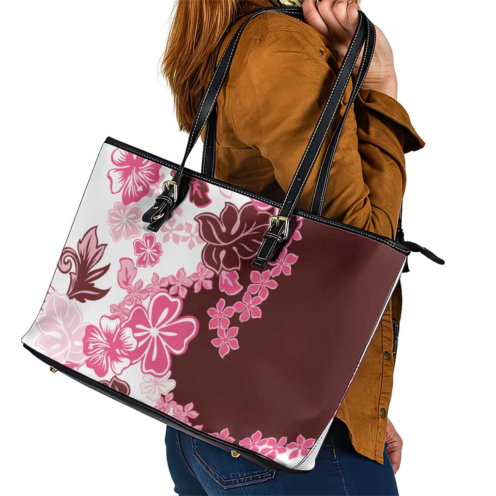 Pink Hibiscus Plumeria Floral Leather Tote Bag LT01 - Polynesian Pride
