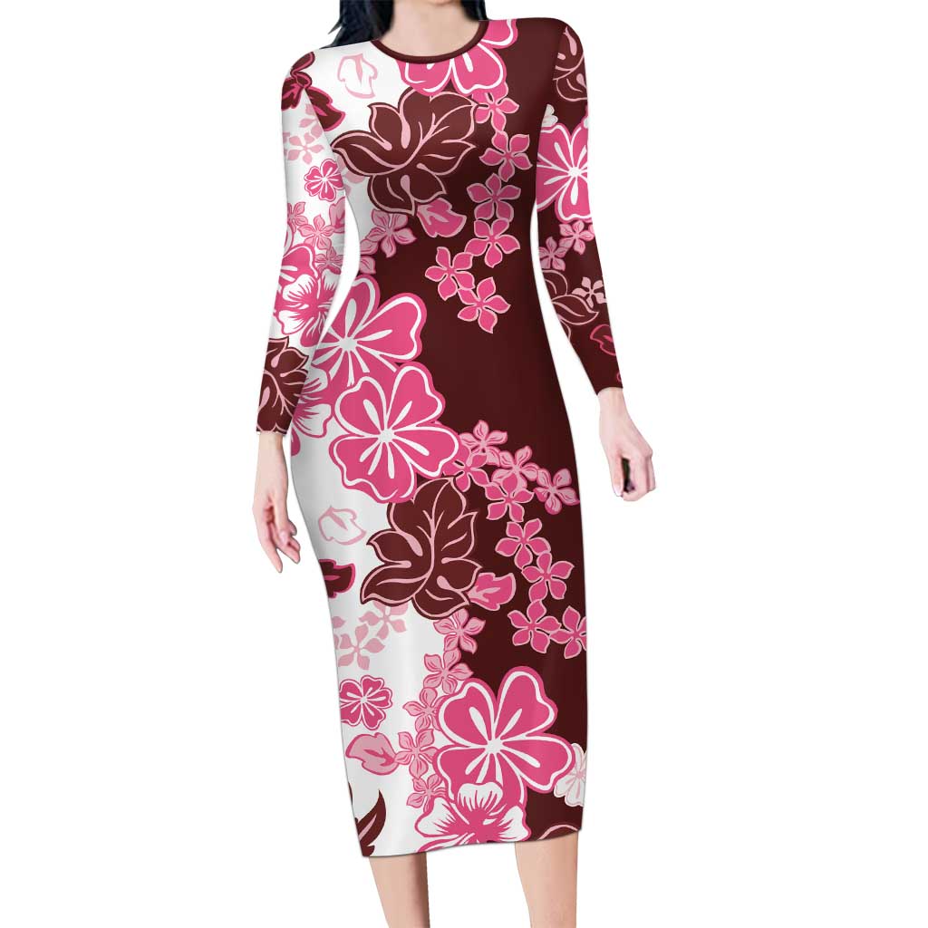 Pink Hibiscus Plumeria Floral Long Sleeve Bodycon Dress - Polynesian Pride