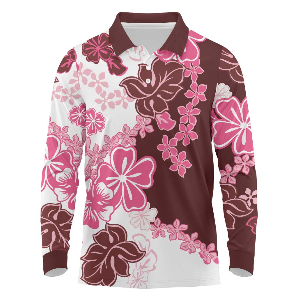 Pink Hibiscus Plumeria Floral Long Sleeve Polo Shirt - Polynesian Pride