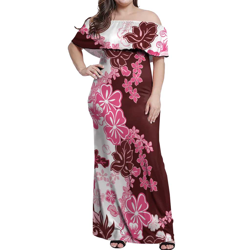 pink hibiscus dress Pink Hibiscus Plumeria Floral Off Shoulder Maxi Dress