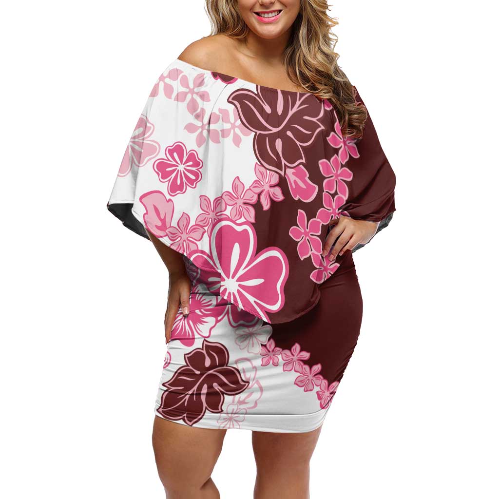 Pink Hibiscus Plumeria Floral Off Shoulder Short Dress Pink Hibiscus Plumeria Floral Off Shoulder Short Dress