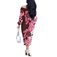 Pink Hibiscus Plumeria Floral Off The Shoulder Long Sleeve Dress - Polynesian Pride